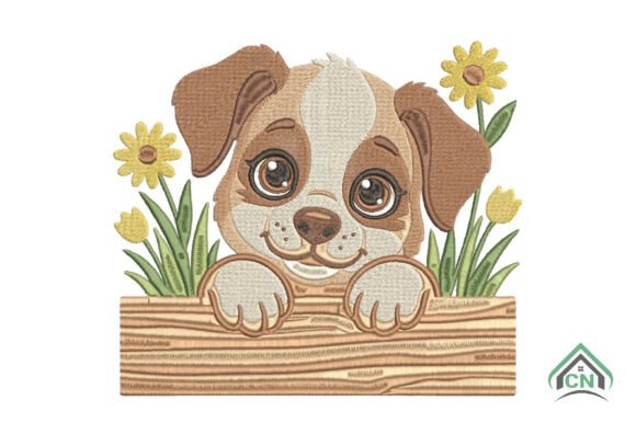Adorable Cute Puppy with Flowers Embroidery