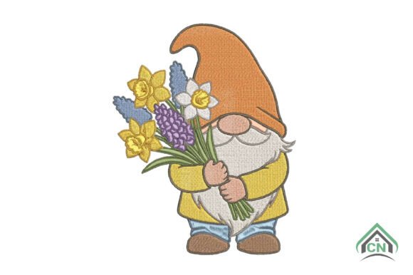 Charming Cute Gnome with Flowers Embroidery