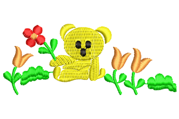 Charming Little Yellow Bear with Flowers Embroidery