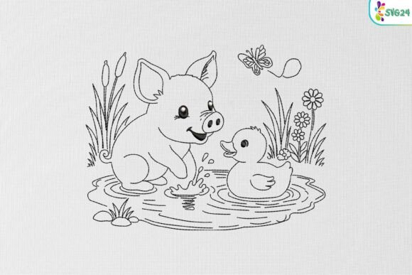 Charming Piglet and Duckling Embroidery Design
