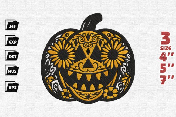 Elegant Halloween Pumpkin Art: A Festive Embroidery Design