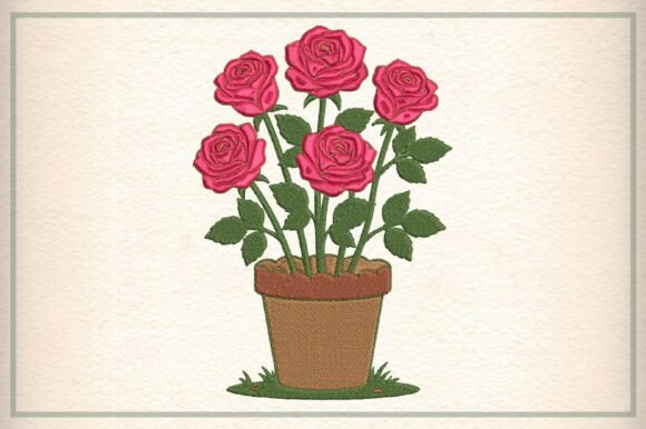Pink Roses Flower Pot: A Charming Embroidery Design